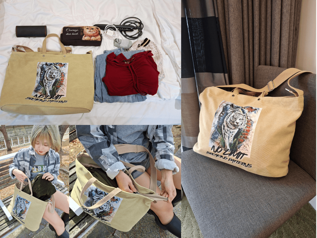 【原創】藝術印畫帆布大包肩揹手提兩用卡其色|帆布包|出遊旅行包包|大包|男生包包|大容量包包|送禮|文創|藝術